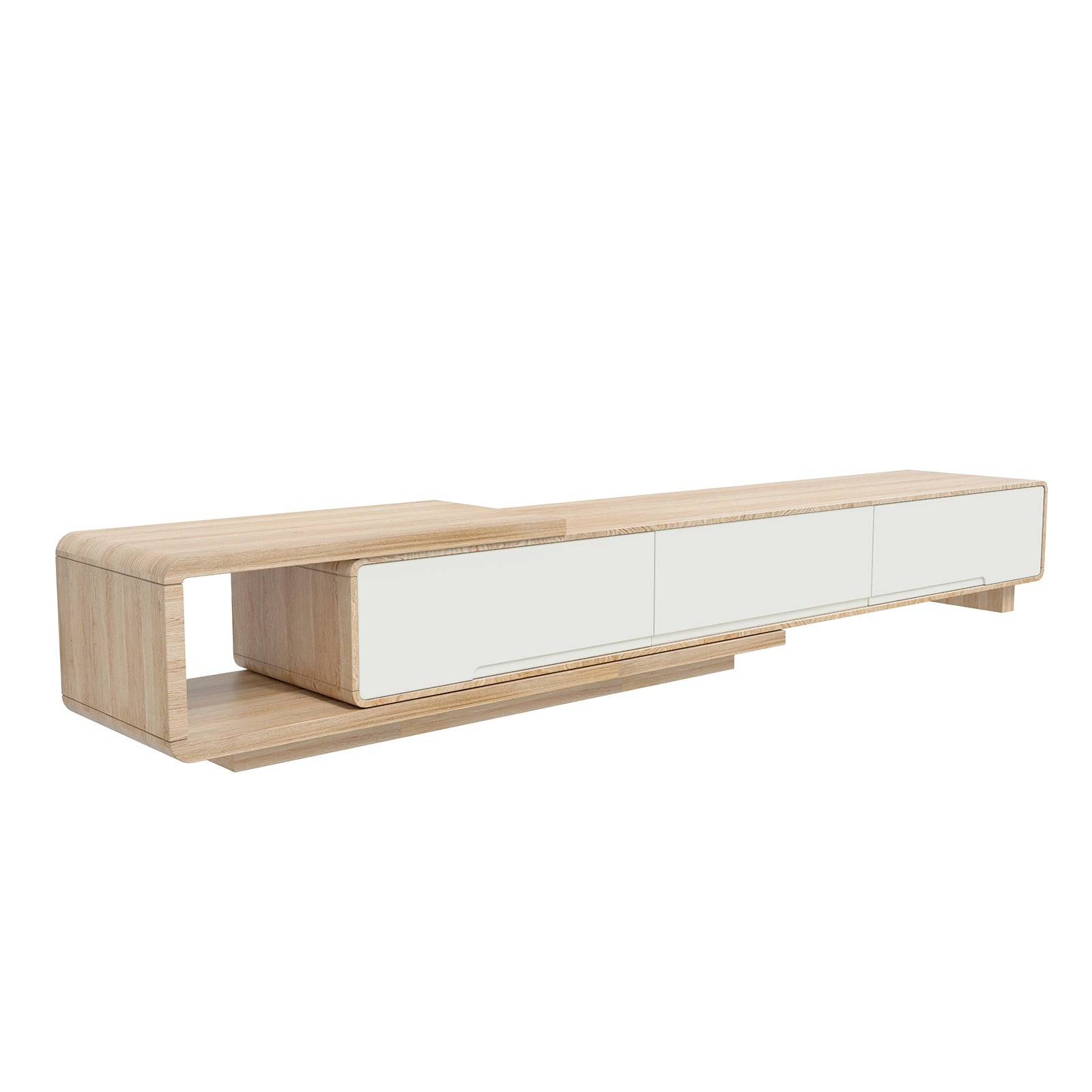 Galya Extendable Storage TV Unit - Oak features a light-toned wood design with an open shelf and three white-faced cabinet drawers, perfect for modern, minimalist spaces.