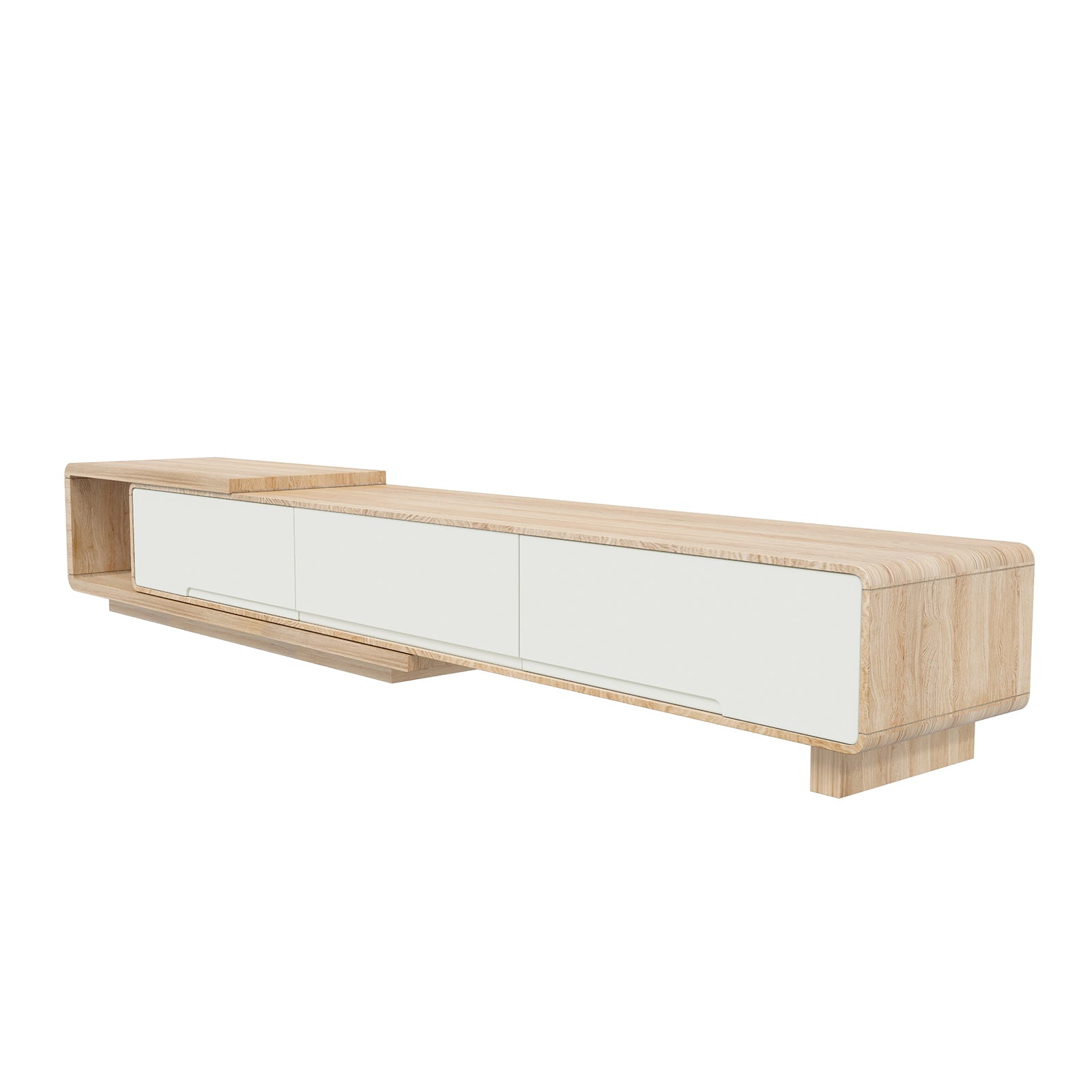 Galya Extendable Storage TV Unit - Oak features a sleek light-toned wood frame with three white-faced drawers and an open cubby, perfect for stylish, flexible entertainment storage.