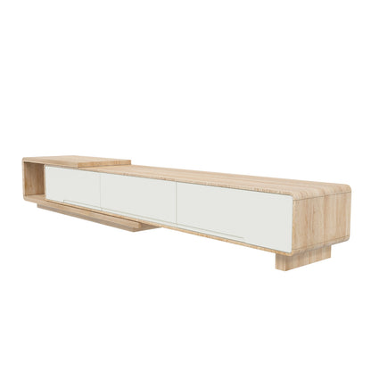 Galya Extendable Storage TV Unit - Oak features a sleek light-toned wood frame with three white-faced drawers and an open cubby, perfect for stylish, flexible entertainment storage.