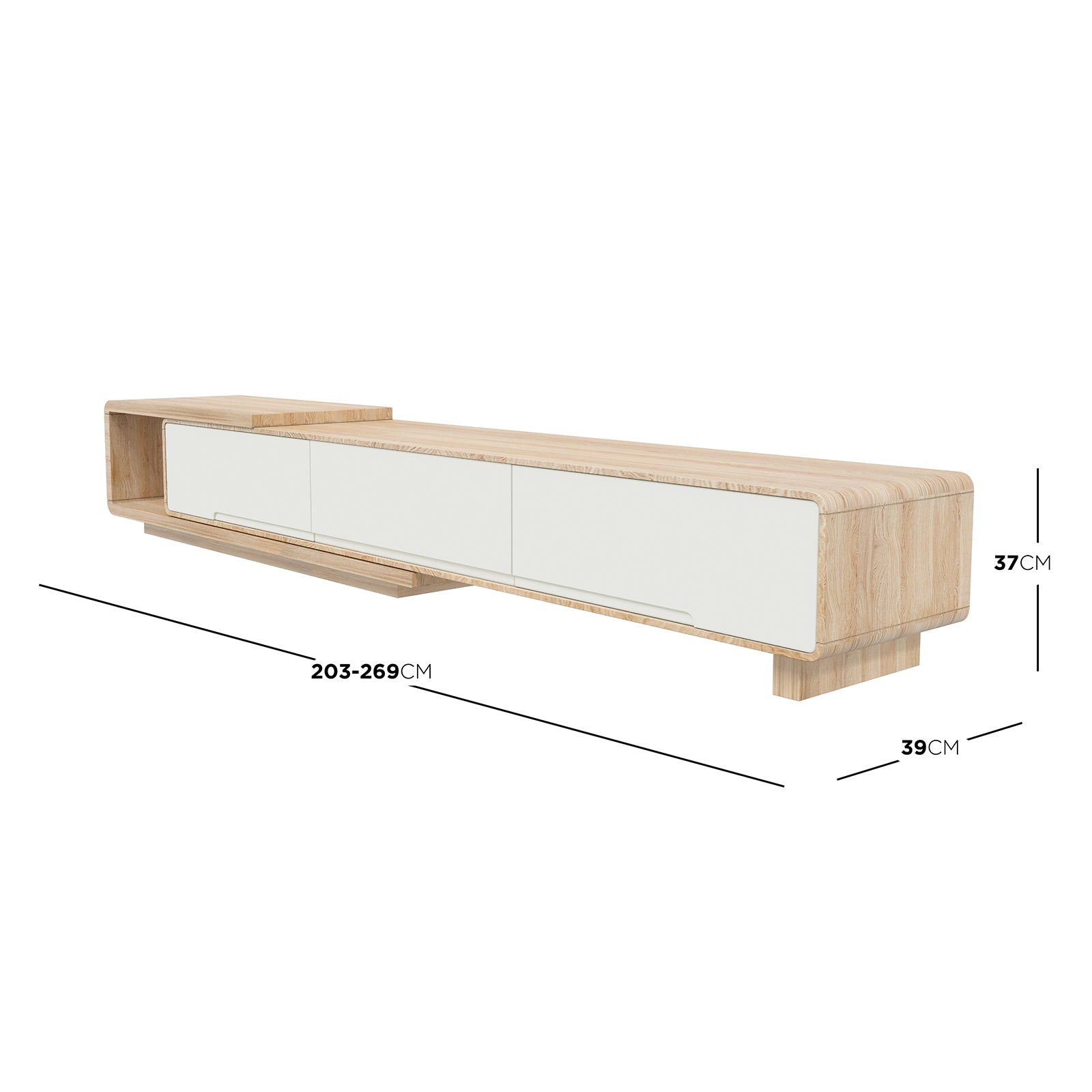 Galya Extendable Storage TV Unit - Oak, featuring a light wood finish, three white-fronted cabinet doors, an open shelving module, and adjustable length from 203 cm to 269 cm.