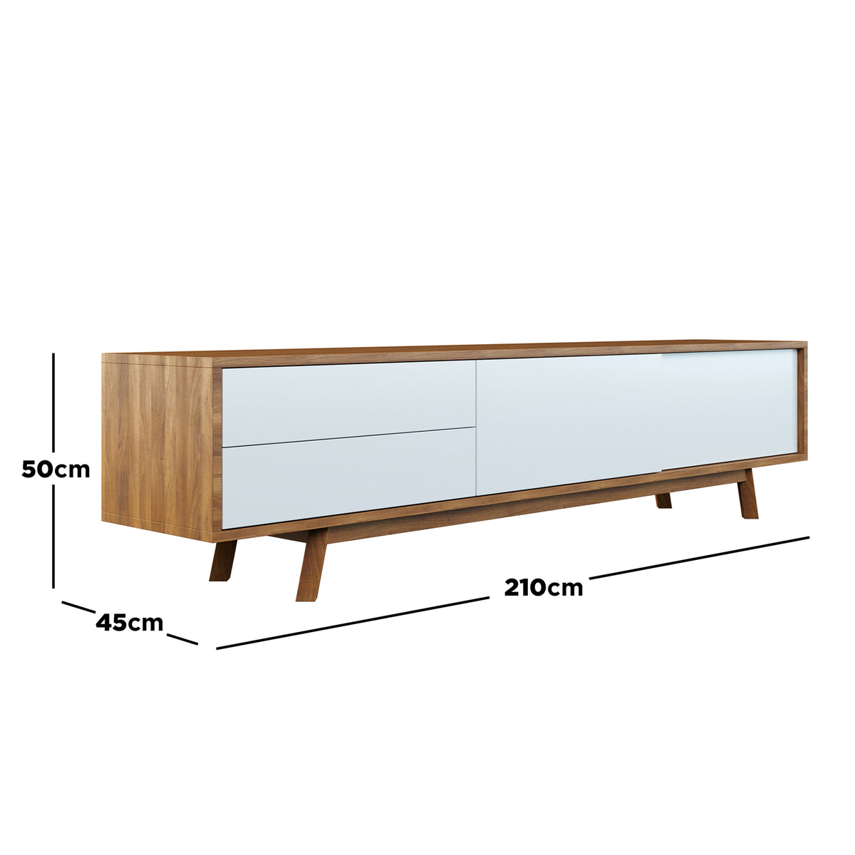 Gavyn Entertainment Unit with Cabinet and Drawers Natural/White showcasing its sleek design; close-up of wood texture emphasizing its sturdy engineered wood surface, accentuating its modern style and practical storage features.