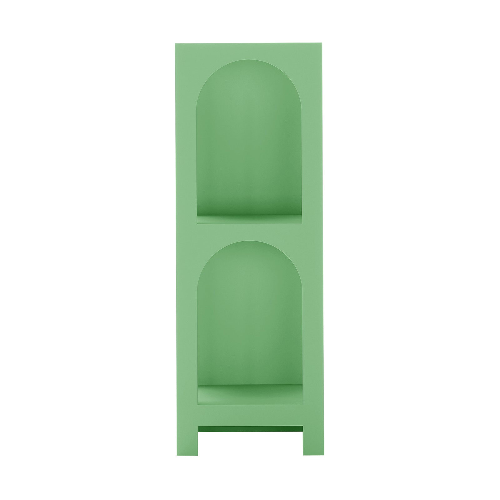 Gilbert 100cm Tall Side Shelf - Mint Green features a mint-green, narrow shelving unit with two arched, open compartments, perfect for small-space storage. It stands on short, square legs.