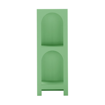 Gilbert 100cm Tall Side Shelf - Mint Green features a mint-green, narrow shelving unit with two arched, open compartments, perfect for small-space storage. It stands on short, square legs.