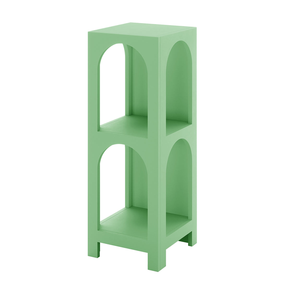 Gilbert 100cm 2 Tier Arch Storage Side Shelf in Mint Green, featuring a tall, narrow design with two open cubbies, rounded-arch cutouts, and four square legs, ideal for stylish, minimalist storage.
