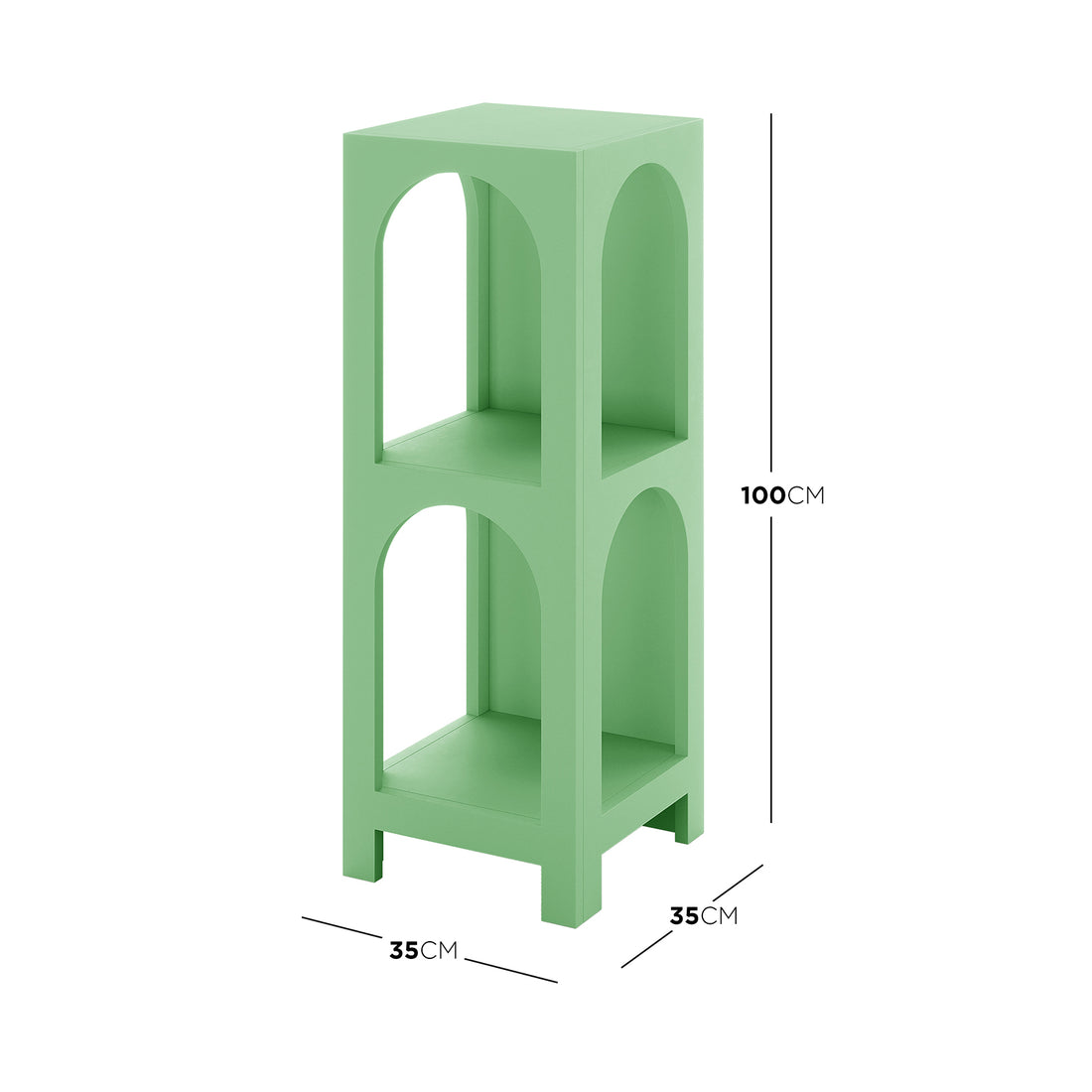 Gilbert 100cm 2 Tier Arch Storage Side Shelf in Mint Green, featuring a freestanding design with two open box tiers and arched cutouts, supported by four short legs, measuring 35x35x100 cm.