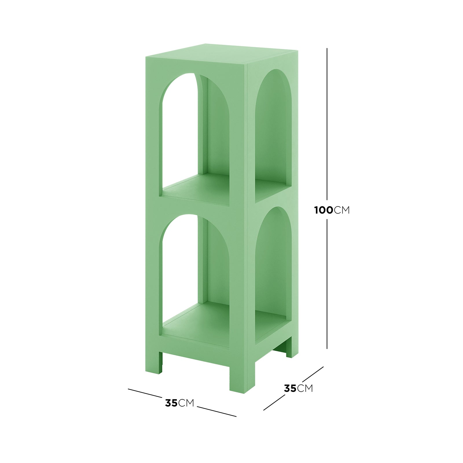 Gilbert 100cm 2 Tier Arch Storage Side Shelf in Mint Green, featuring a freestanding design with two open box tiers and arched cutouts, supported by four short legs, measuring 35x35x100 cm.