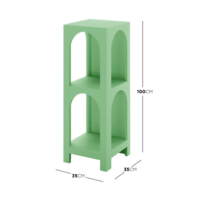 Gilbert 100cm 2 Tier Arch Storage Side Shelf in Mint Green, featuring a freestanding design with two open box tiers and arched cutouts, supported by four short legs, measuring 35x35x100 cm.