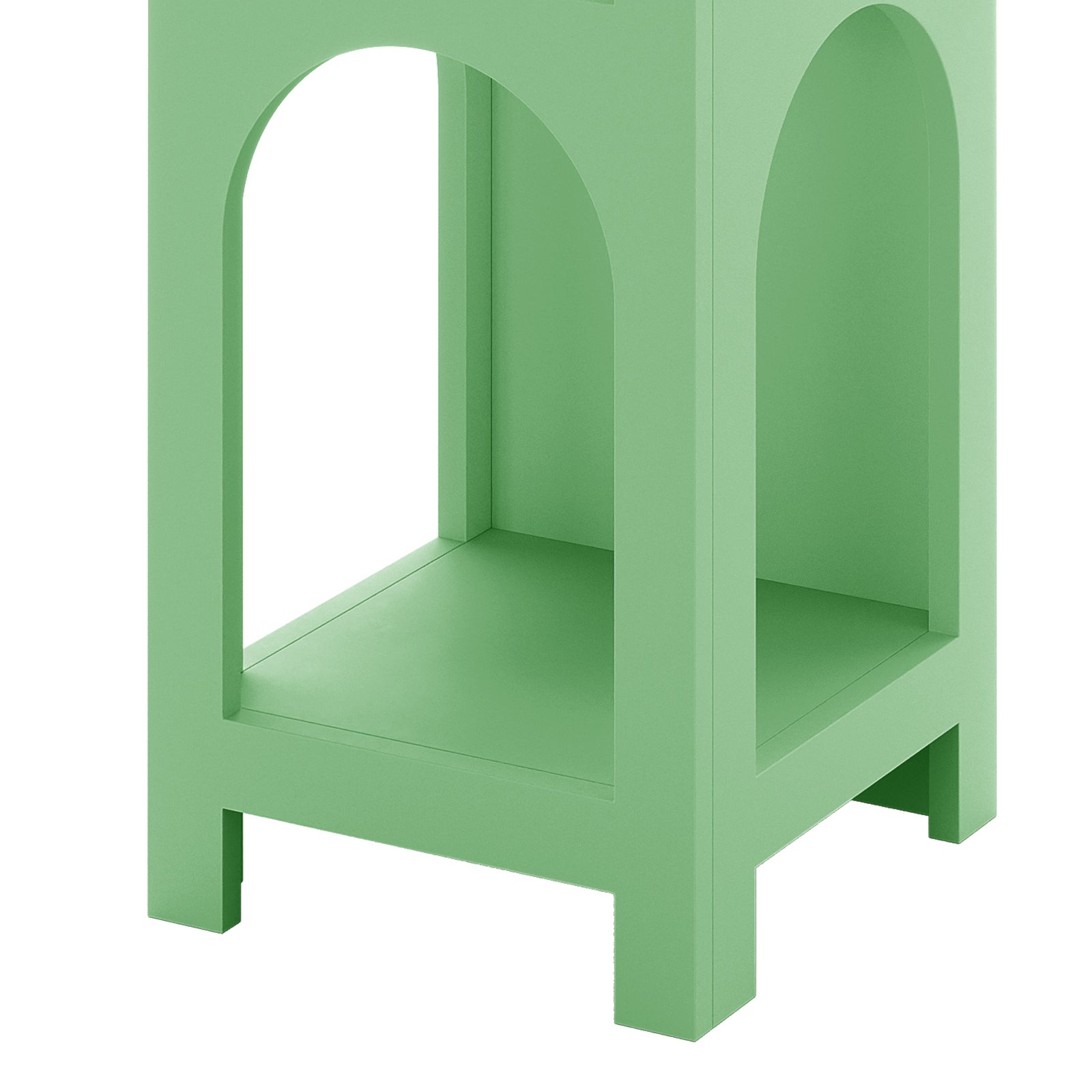 Gilbert 100cm 2 Tier Arch Storage Side Shelf in Mint Green, featuring a box-shaped design with two arched open cubbies, rests on short legs for modern space-saving storage.