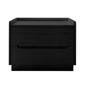 Glorinda 60cm Scratch Resistant Bedside Table in Black featuring a modern black wooden design with two drawers, built-in handles, and a raised back edge on the top surface.