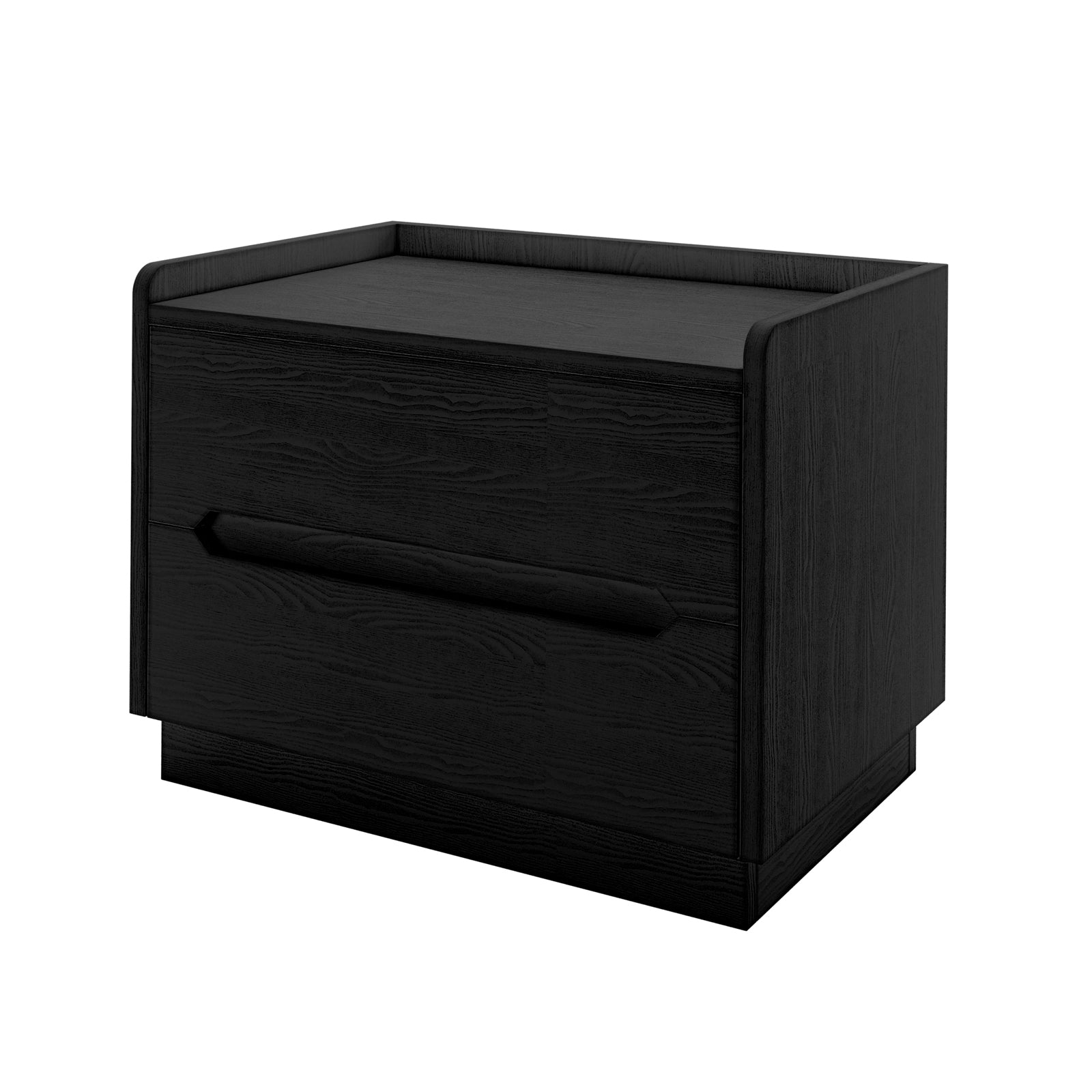Glorinda 60cm Scratch Resistant Bedside Table in Black; modern, black-stained wood with a wide drawer and integrated handle, showcasing a minimalist design perfect for contemporary interiors.
