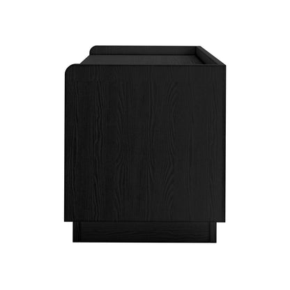 Glorinda 60cm Scratch Resistant Bedside Table in Black, featuring a sleek, wood-grain finish with two drawers and recessed base, offering a modern, minimalist design with hidden handles.