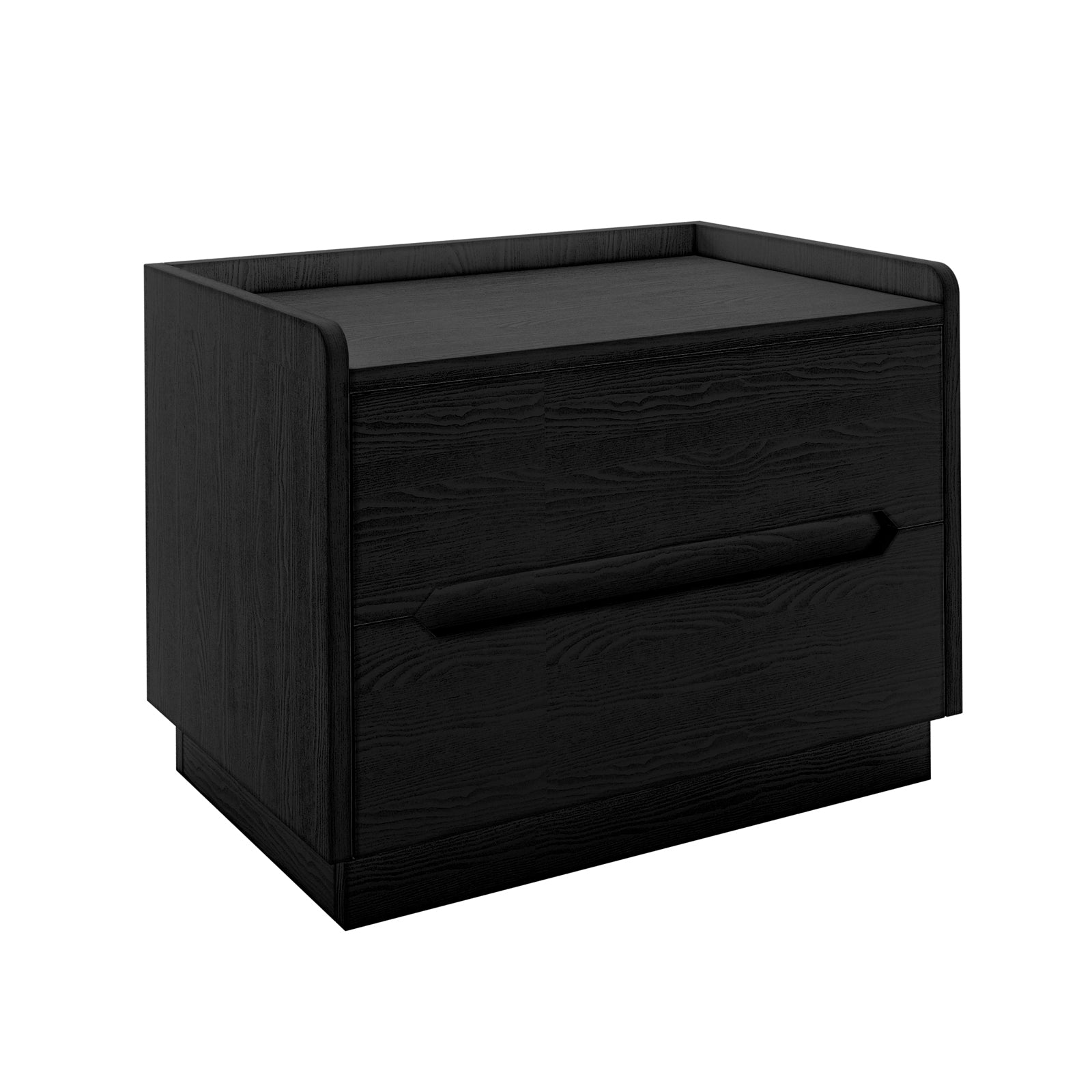 Glorinda 60cm Scratch Resistant Bedside Table in Black, featuring a sleek, black-finished wooden design with two spacious drawers, integrated horizontal pull-handles, and a minimalist boxy form.