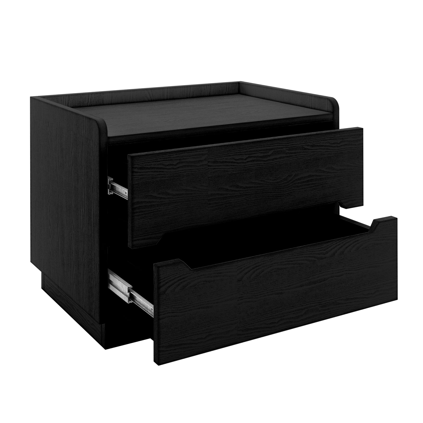 Glorinda 60cm Scratch Resistant Bedside Table in Black, featuring a sleek black wood-grain design with two drawers, one slightly open, revealing metal slide hardware, showcasing its modern, minimalist style.
