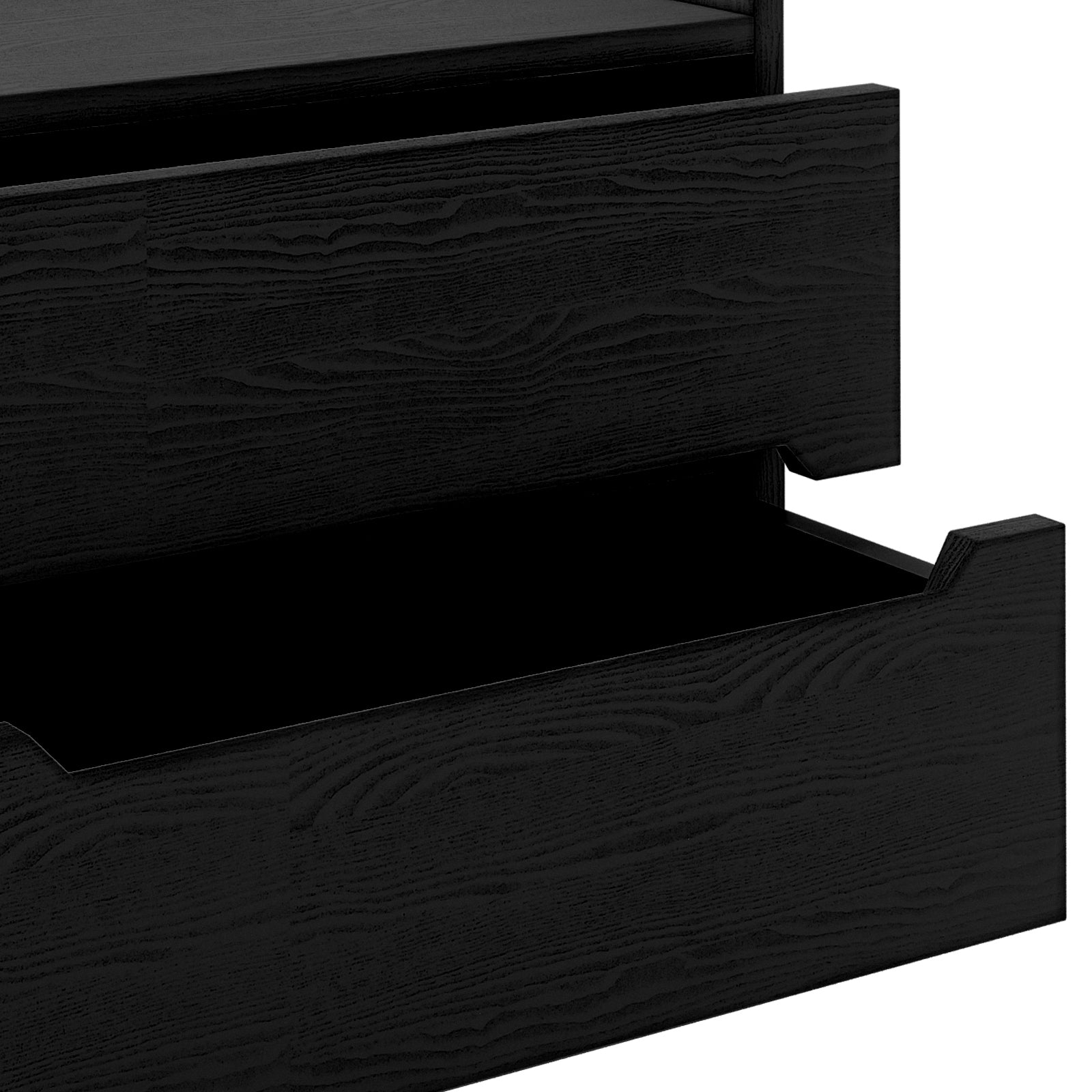 Glorinda 60cm Scratch Resistant Bedside Table in Black showing two black wood-grain drawers, one partially open, highlighting sleek design and ample storage.