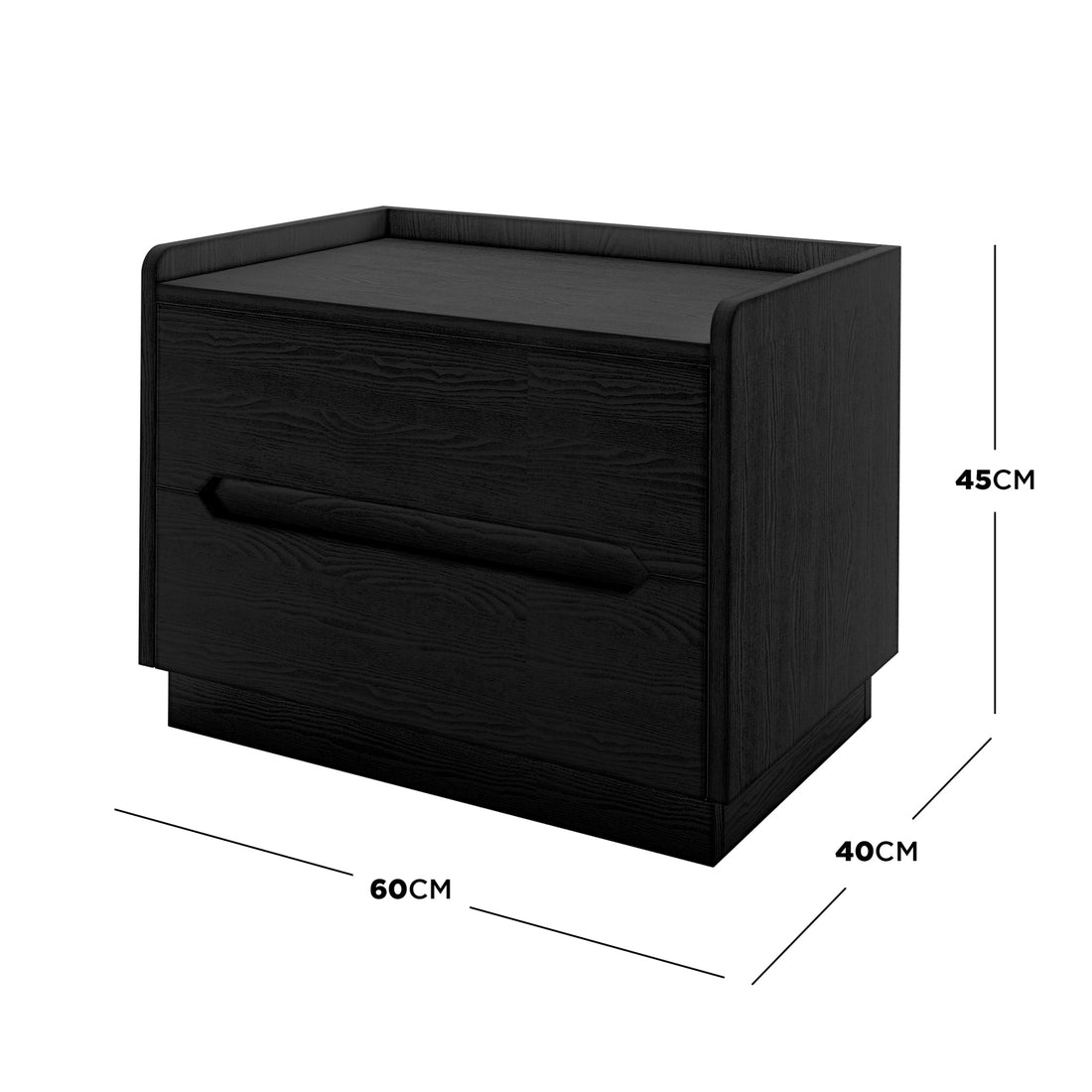 Glorinda 60cm Scratch Resistant Bedside Table in Black featuring a modern black-wood design with one visible drawer, dimensioned at 60 cm wide, 40 cm deep, and 45 cm tall.