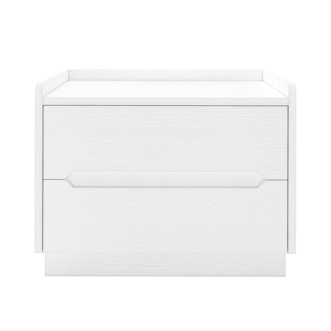 Glorinda 60cm Scratch Resistant Bedside Table in White features a sleek, modern design with two drawers, white wood-grain finish, hidden handles, and a raised top for secure storage.