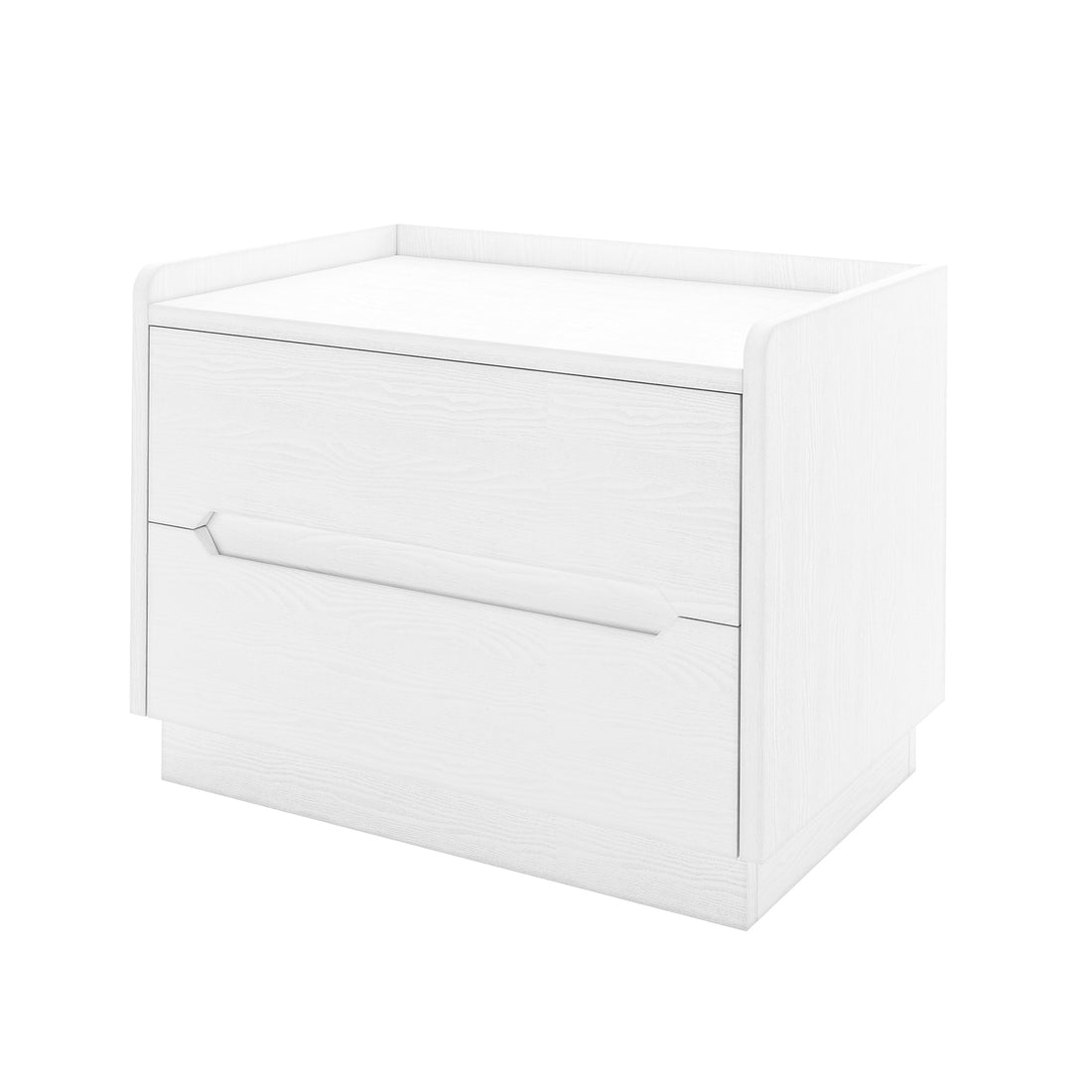 Glorinda 60cm Scratch Resistant Bedside Table in White featuring a minimalist design with two drawers and integrated handles, showcasing a light wood grain texture and modern appeal for bedroom storage.