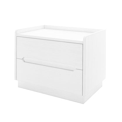 Glorinda 60cm Scratch Resistant Bedside Table in White featuring a minimalist design with two drawers and integrated handles, showcasing a light wood grain texture and modern appeal for bedroom storage.