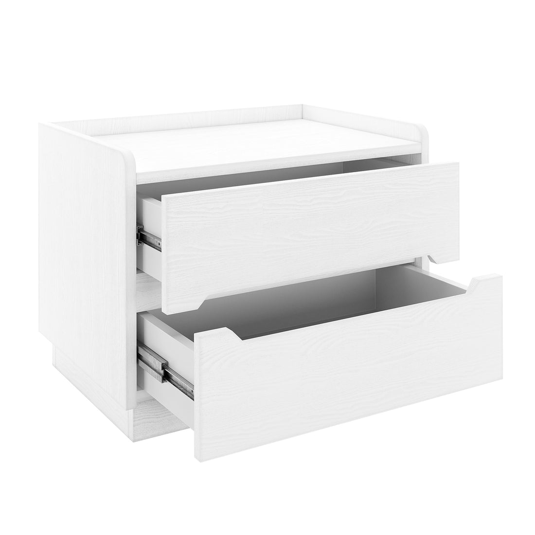 Glorinda 60cm Scratch Resistant Bedside Table in White, showcasing a sleek, Scandinavian design with two partially open drawers on smooth-glide runners, soft rounded edges, and cut-out hand-grips for a minimalist look.