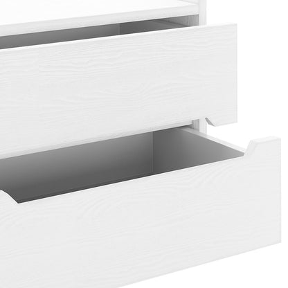Close-up of the Glorinda 60cm Scratch Resistant Bedside Table in White, highlighting two partially open drawers with subtle wood-grain texture and cut-out handles, showcasing its sleek, modern design.