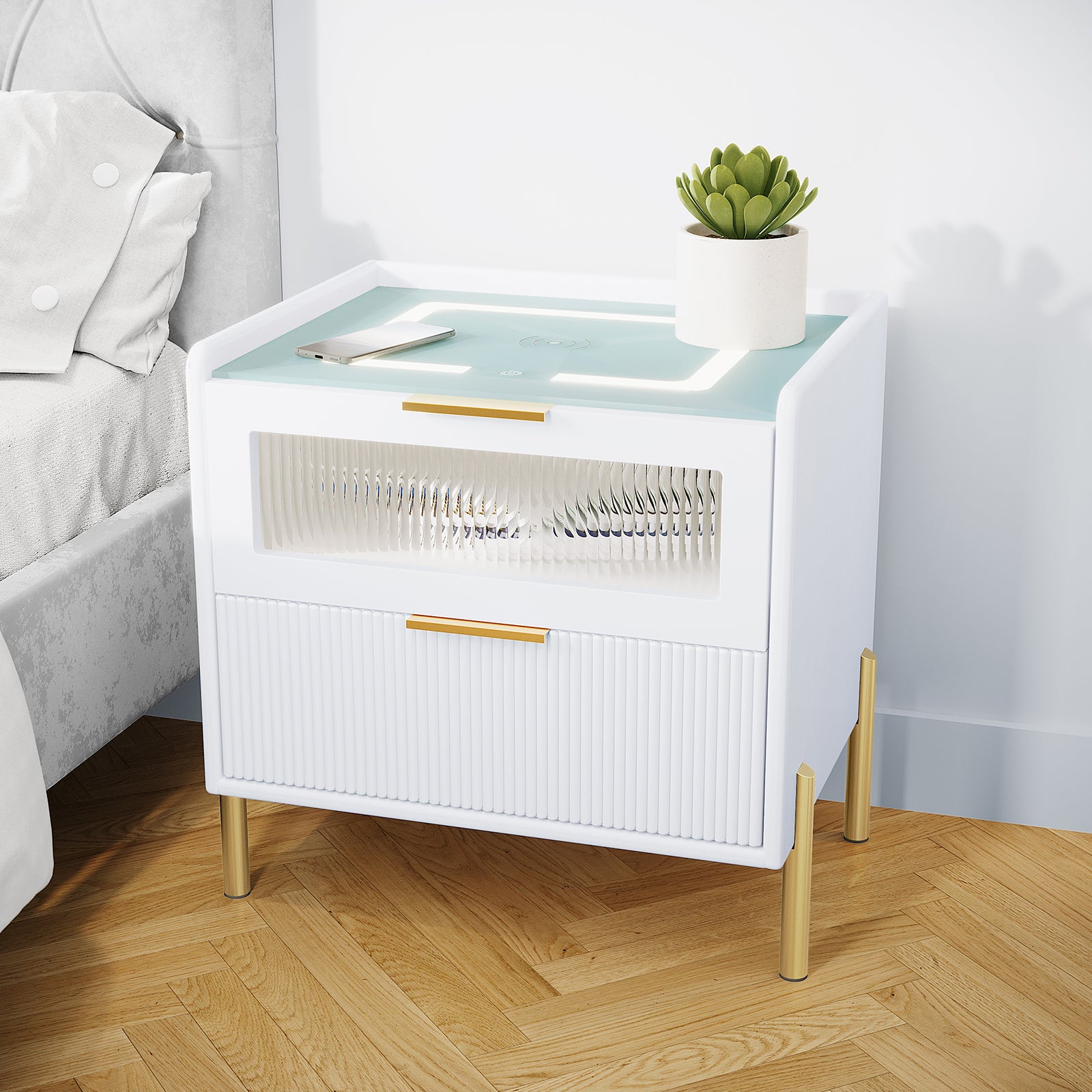 Gwen Smart Bedside Table with Wireless Charger in White – Luxo Living