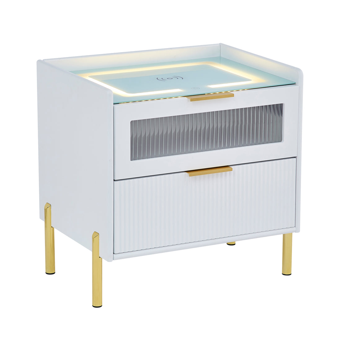 Gwen Smart Bedside Table with Wireless Charger in White, featuring two drawers with ribbed fronts, gold-tone accents, LED-lit glass top, and slim metal legs, showcasing modern elegance and functionality.