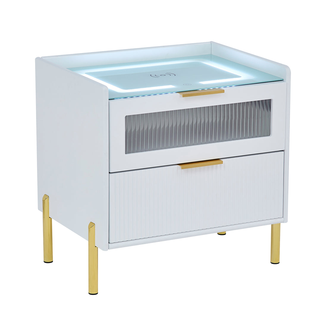 Gwen Smart Bedside Table with Wireless Charger in White, featuring matte finish, two drawers with ribbed glass, slender gold legs and pulls, glass top with LED lighting, and built-in Qi charger.