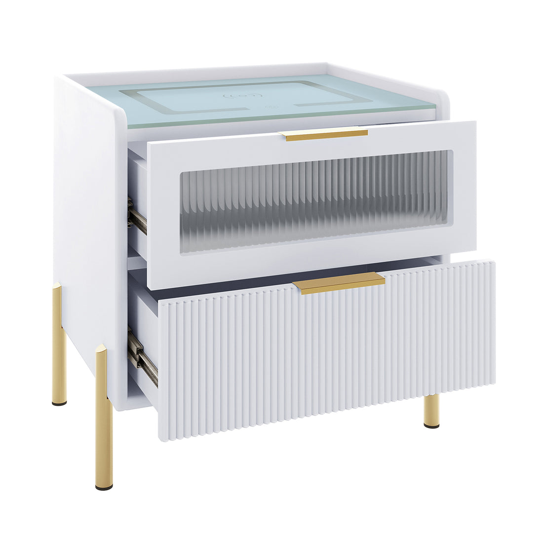 Gwen Smart Bedside Table with Wireless Charger in White, featuring a modern two-drawer design with ribbed fronts, gold-metal accents, and built-in wireless charging pad on top.
