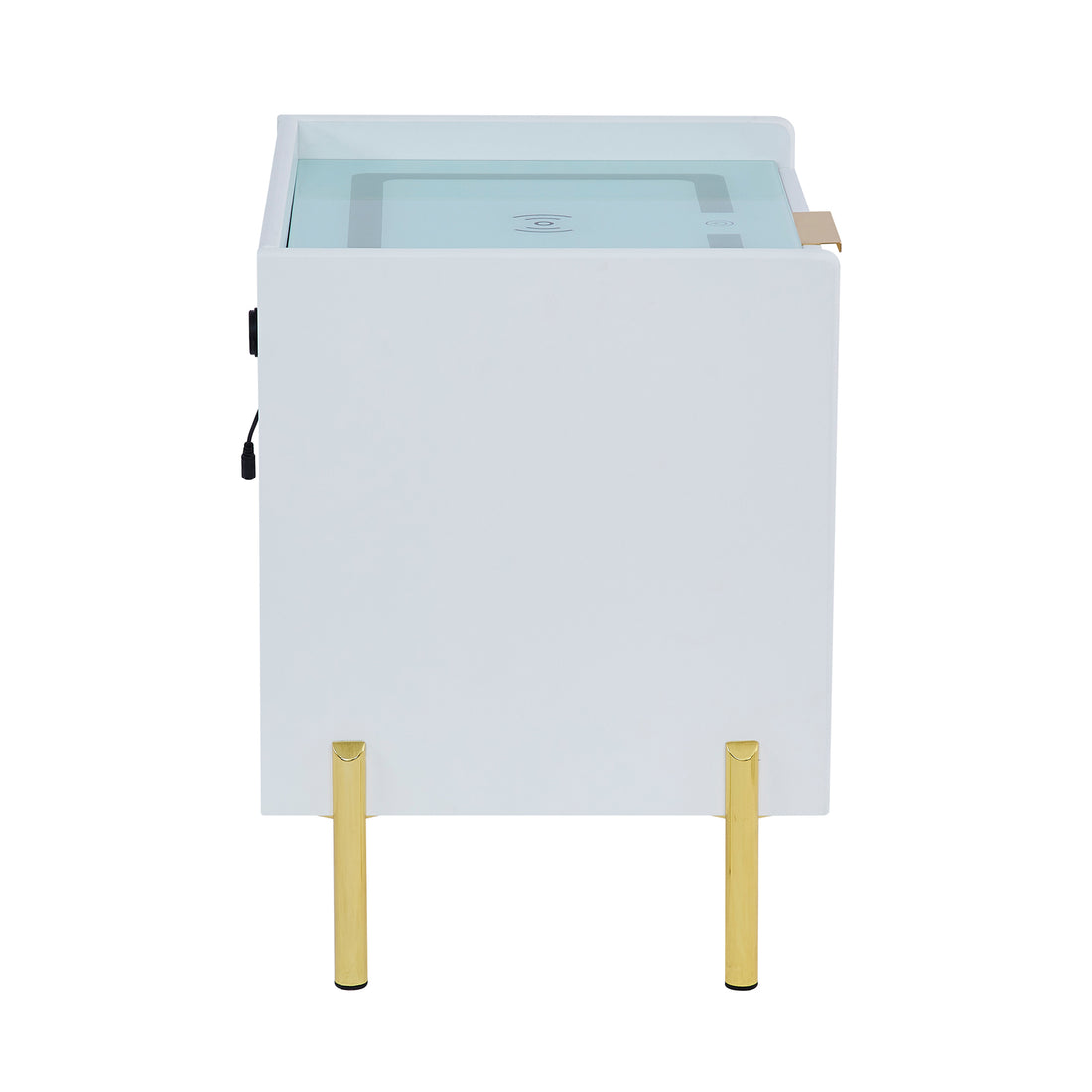 Gwen Smart Bedside Table with Wireless Charger in White features a modern design with a white cabinet and gold legs, a tinted glass top with Qi charging symbol, and a side power socket.