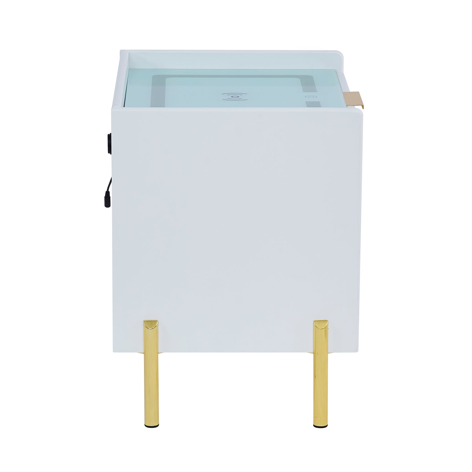 Gwen Smart Bedside Table with Wireless Charger in White features a modern design with a white cabinet and gold legs, a tinted glass top with Qi charging symbol, and a side power socket.