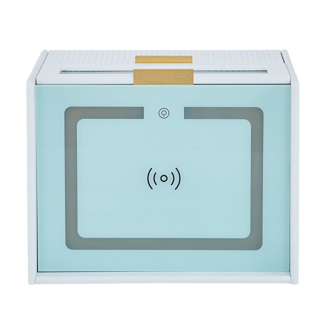 Gwen Smart Bedside Table with Wireless Charger in White, featuring a sleek fluted design, gold accents, and two drawers, with visible glass front and integrated Qi charger on the countertop.