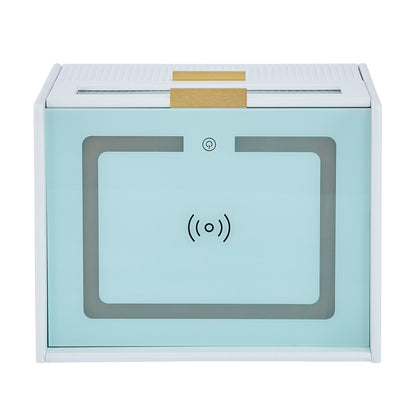 Gwen Smart Bedside Table with Wireless Charger in White, featuring a sleek fluted design, gold accents, and two drawers, with visible glass front and integrated Qi charger on the countertop.