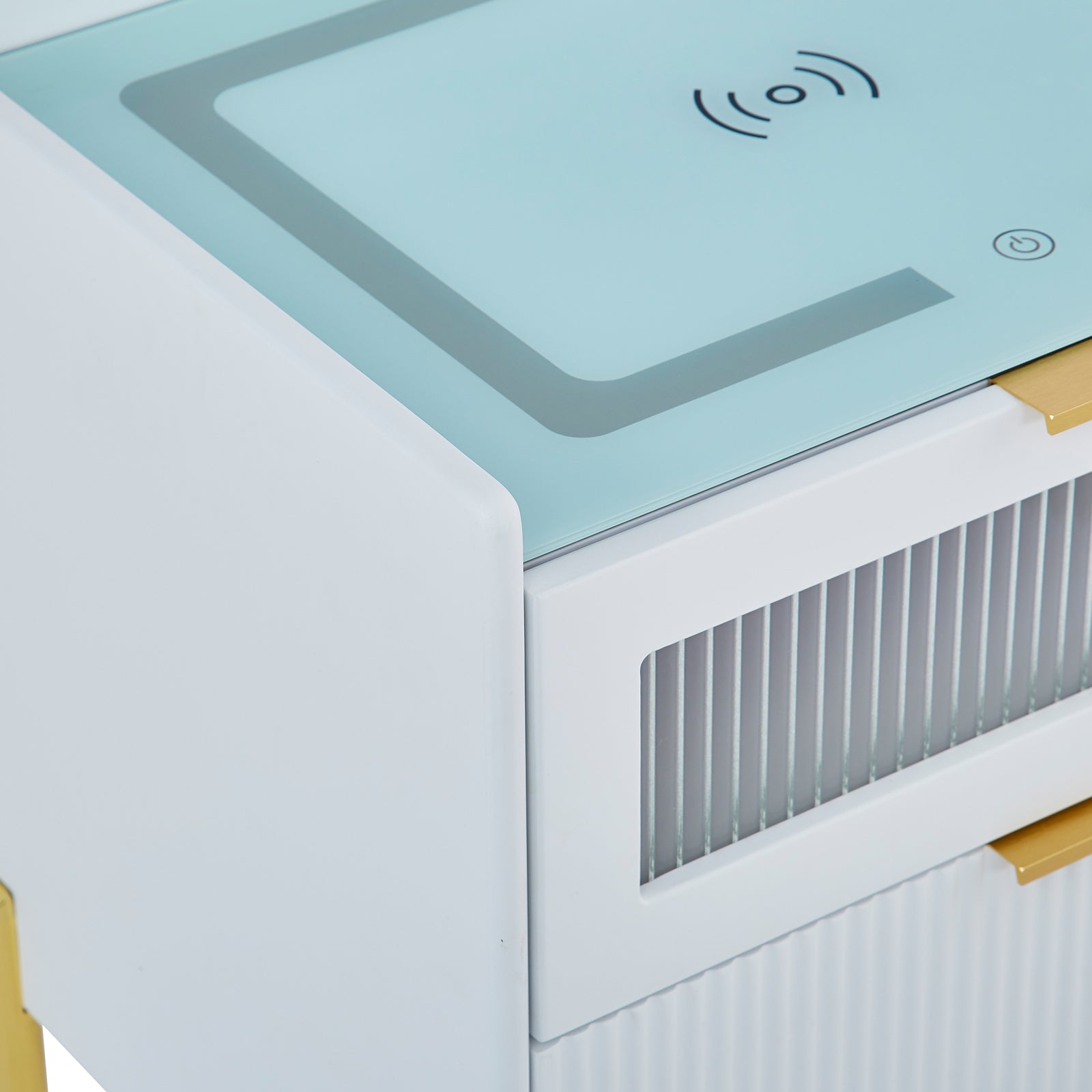 Gwen Smart Bedside Table with Wireless Charger in White features a glass top with a wireless-charging pad, a slatted-front drawer, and gold corner accents for a contemporary look.