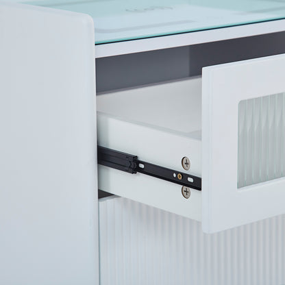 Close-up of the Gwen Smart Bedside Table with Wireless Charger in White, showcasing a partially open drawer with ribbed glass inset and visible black metal side-mount slide hardware.