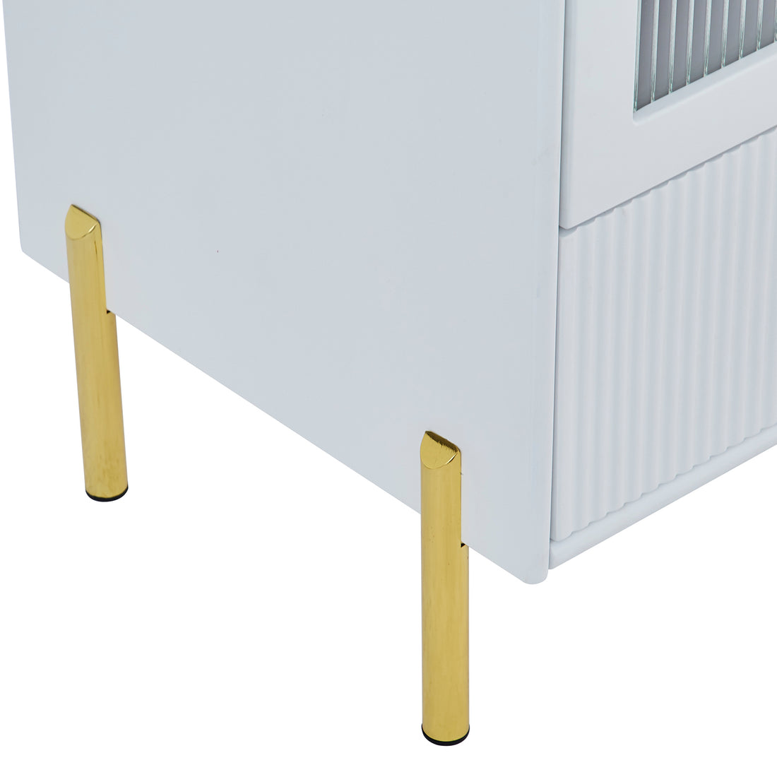 Gwen Smart Bedside Table with Wireless Charger – White, featuring a sleek design with gold accents, fluted style, two drawers, and integrated Qi wireless charger, ideal for modern bedroom settings.