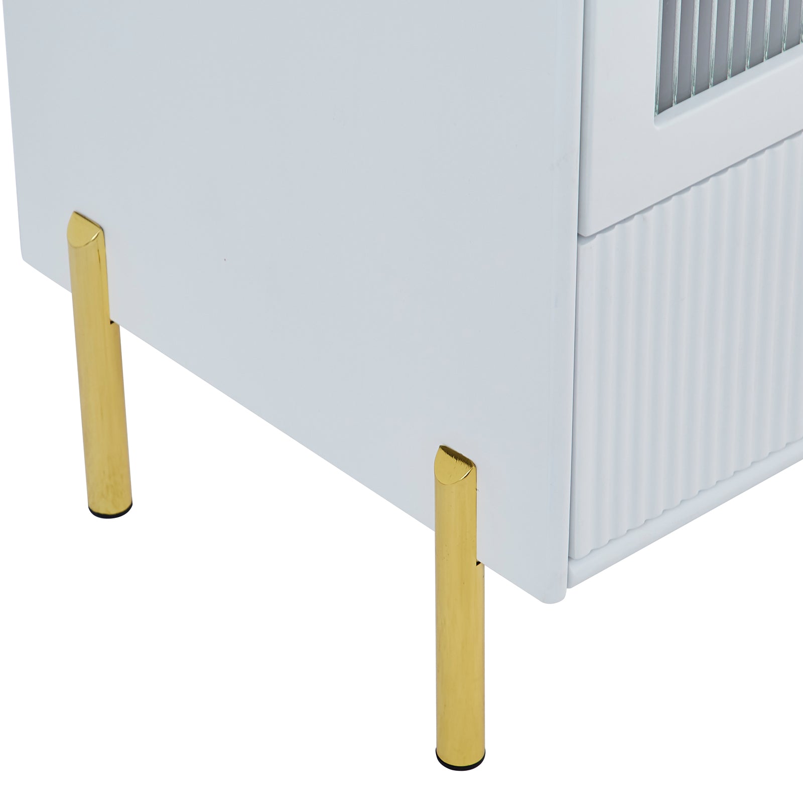 Gwen Smart Bedside Table with Wireless Charger – White, featuring a sleek design with gold accents, fluted style, two drawers, and integrated Qi wireless charger, ideal for modern bedroom settings.