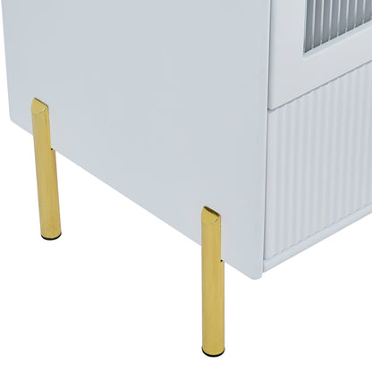 Gwen Smart Bedside Table with Wireless Charger – White, featuring a sleek design with gold accents, fluted style, two drawers, and integrated Qi wireless charger, ideal for modern bedroom settings.