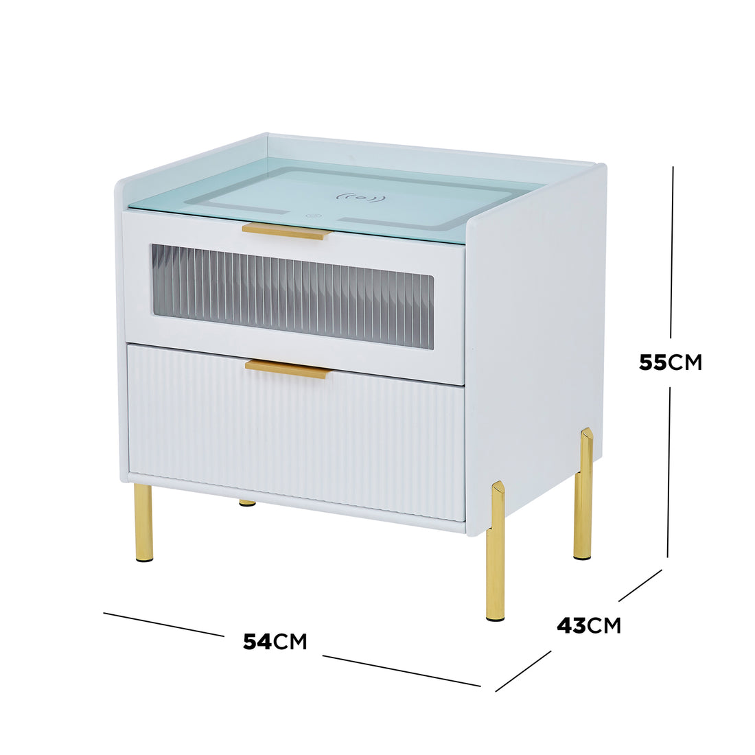 Gwen Smart Bedside Table with Wireless Charger in White, featuring a white finish, gold-plated legs, two drawers with ribbed semi-transparent front, glass top with wireless charging symbol, measuring 54x43x55 cm.