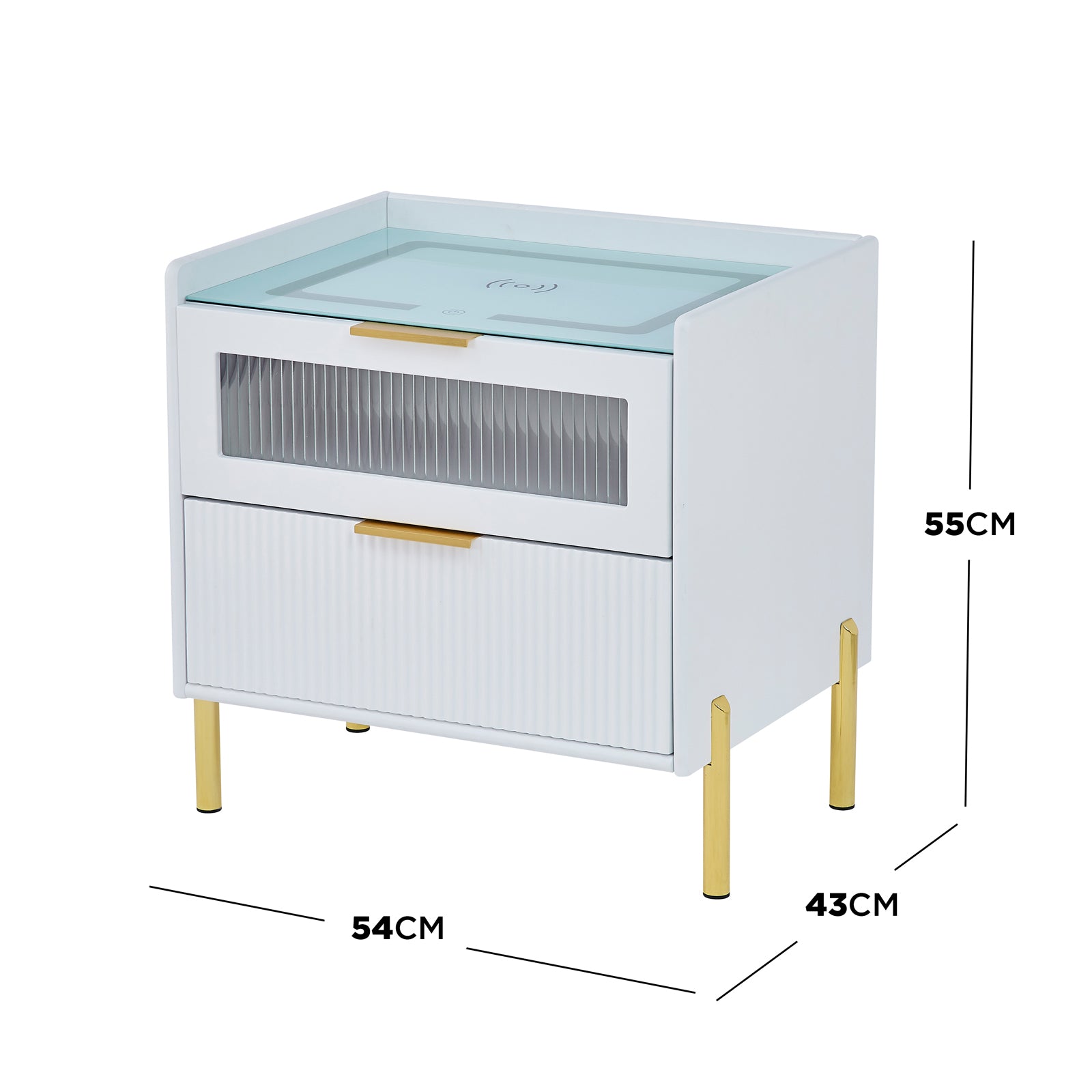 Gwen Smart Bedside Table with Wireless Charger in White, featuring a white finish, gold-plated legs, two drawers with ribbed semi-transparent front, glass top with wireless charging symbol, measuring 54x43x55 cm.