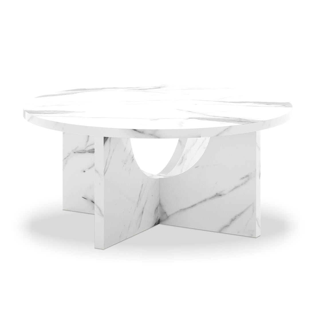 Hadriana 80cm Round Coffee Table in Marble featuring a thick, circular marble top and intersecting panel base with a semi-circular cutout, showcasing a sophisticated and unique design.