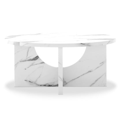 Hadriana 80cm Round Coffee Table in Marble featuring a circular tabletop and geometric base with semi-circular cutouts, offering a minimalist and sculptural design for an elegant and stylish living room focal point.