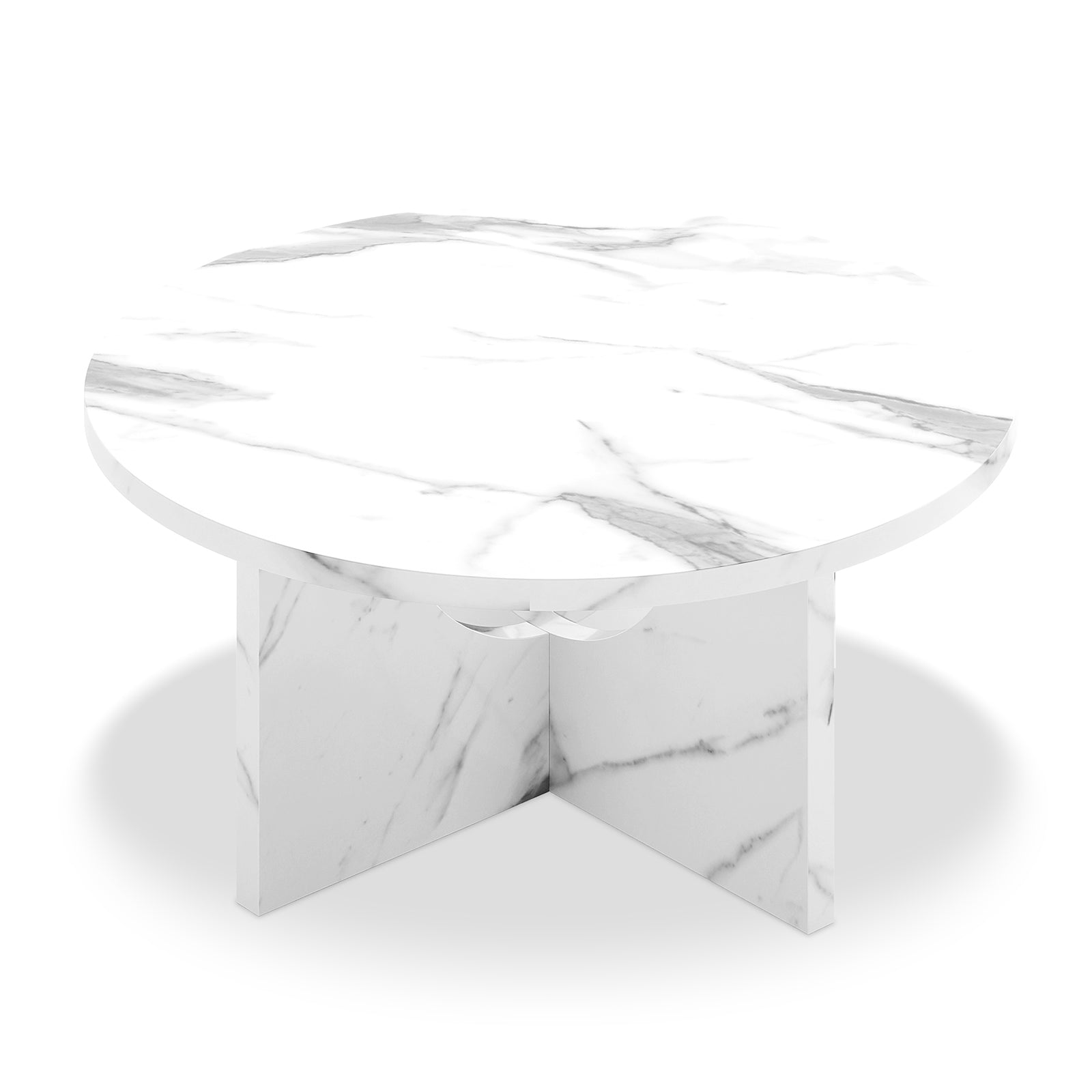 Hadriana 80cm Round Coffee Table in Marble features a white marble tabletop with gray veining and an intersecting X-style pedestal base, combining elegance and modern design on a white background.