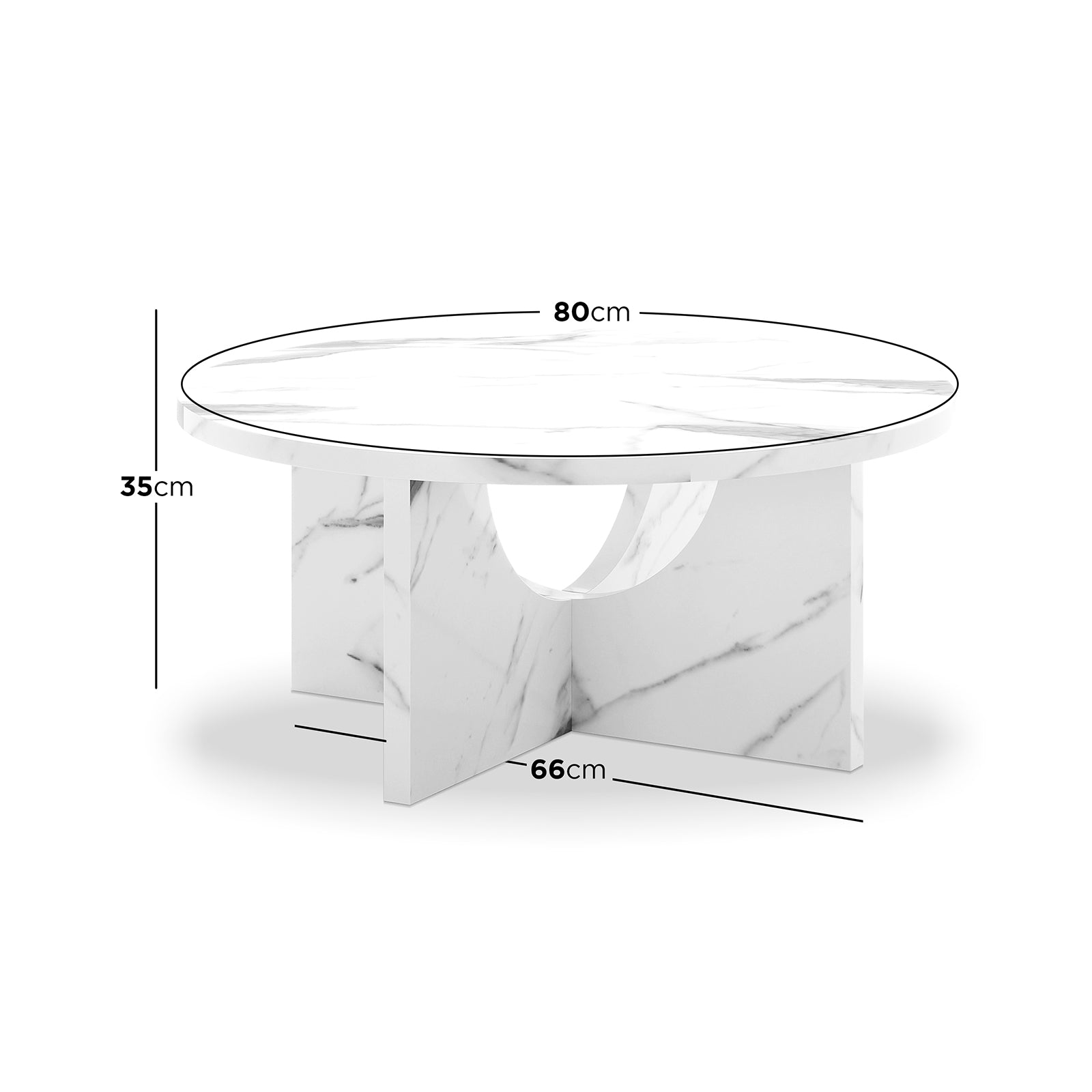 Hadriana 80cm Round Coffee Table in Marble with a circular tabletop and X-style interlocking base, featuring a semi-circular cut-out, creating a sculptural and elegant look.