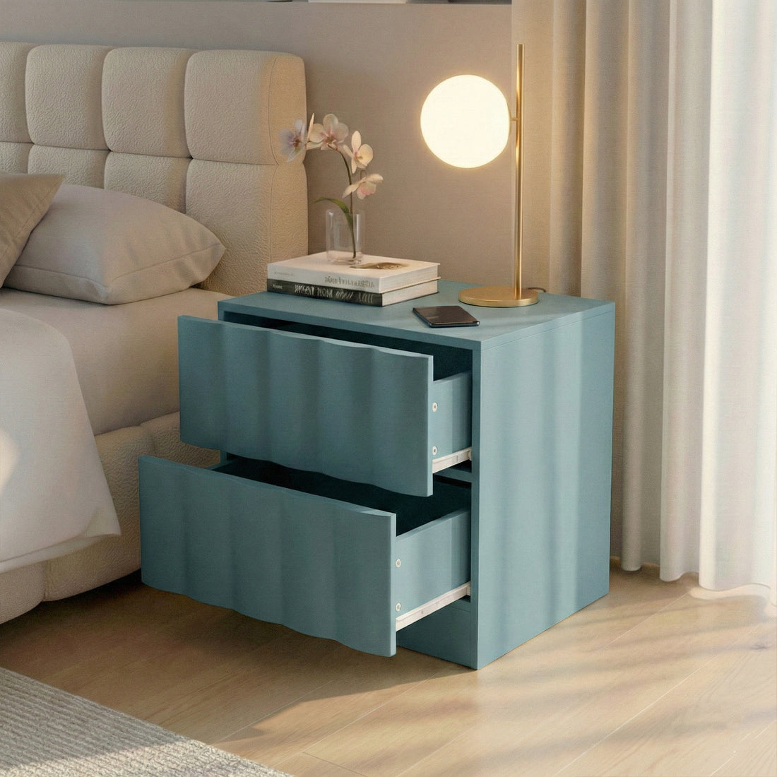 Hamish 2 Drawer Fluted Bedside Table in Sage