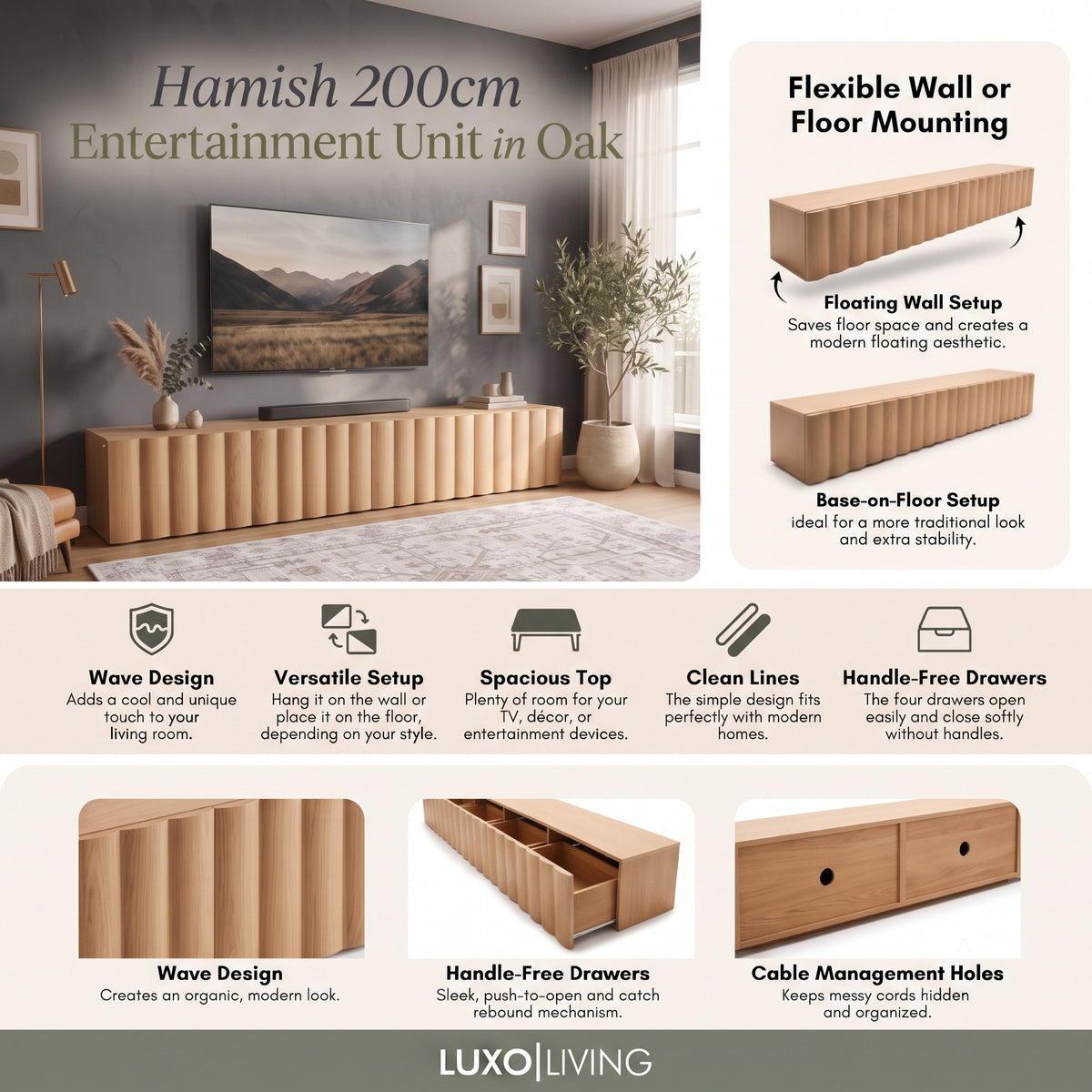 Hamish 200cm entertainment unit in oak feature graphic highlighting flexible wall or floor mounting, wave design, spacious top, and handle-free drawers with cable management