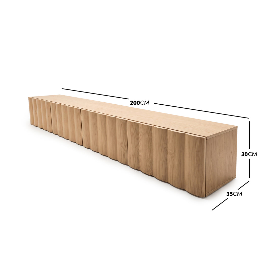 Oak TV unit with vertical fluted panels displaying dimensions of 200cm width, 35cm depth, and 30cm height against a plain white studio background.