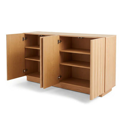 Oak sideboard with open cabinet doors revealing internal shelving and concealed hinges against a plain white studio background