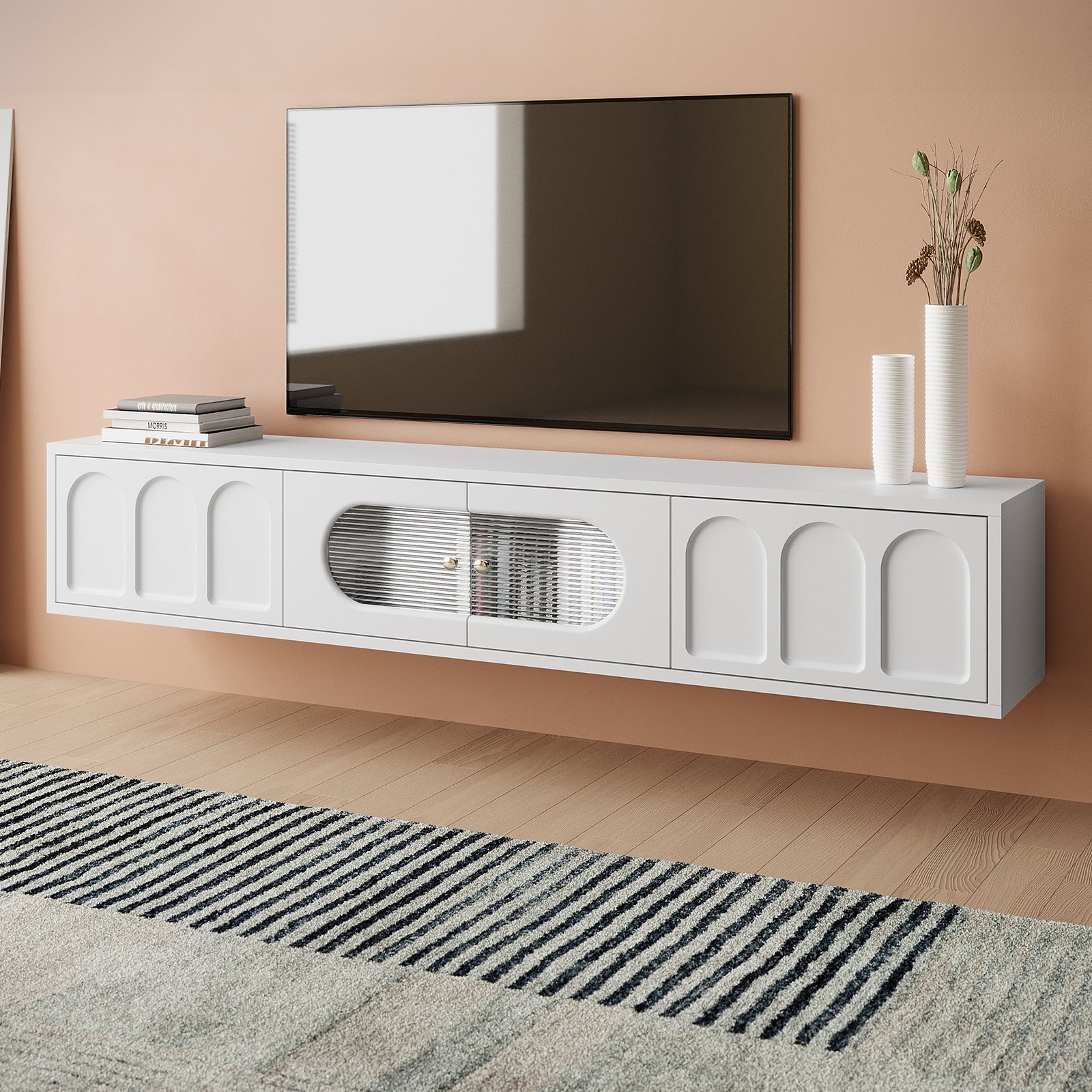Hava 180cm Arched Entertainment Unit White, featuring a sleek design with arched drawers and fluted glass doors, positioned against a wall with a TV above, ideal for modern interiors.