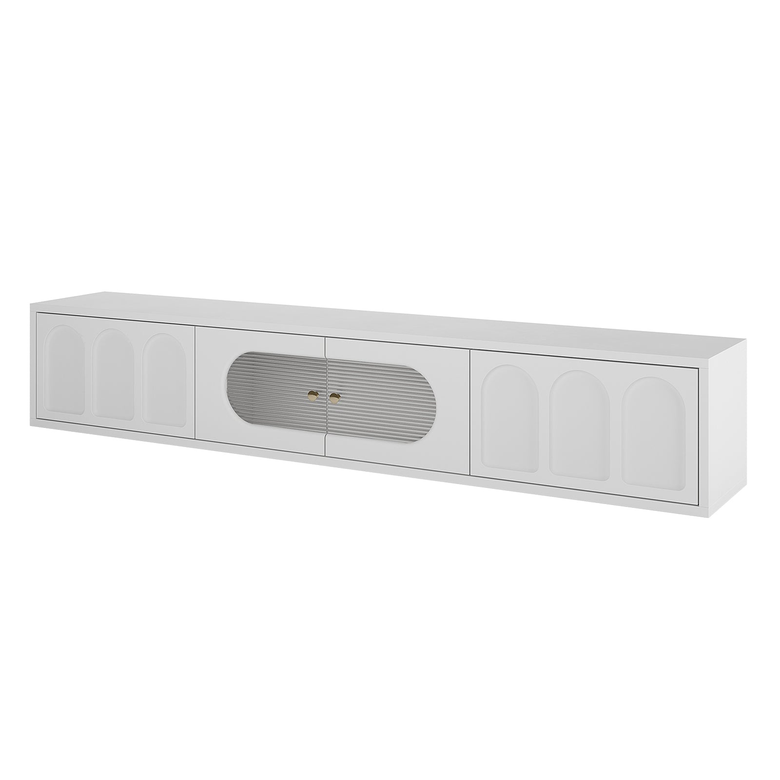 Close-up of Hava 180cm Arched Entertainment Unit White, showcasing its sleek arched drawer design and fluted glass doors, emphasizing its modern style and ample storage options for media items.
