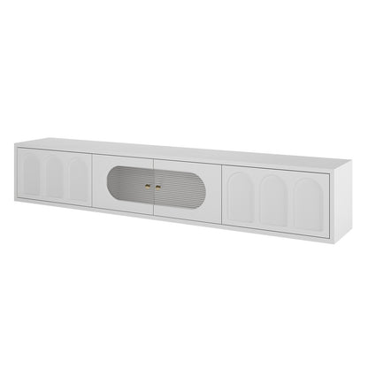 Close-up of Hava 180cm Arched Entertainment Unit White, showcasing its sleek arched drawer design and fluted glass doors, emphasizing its modern style and ample storage options for media items.